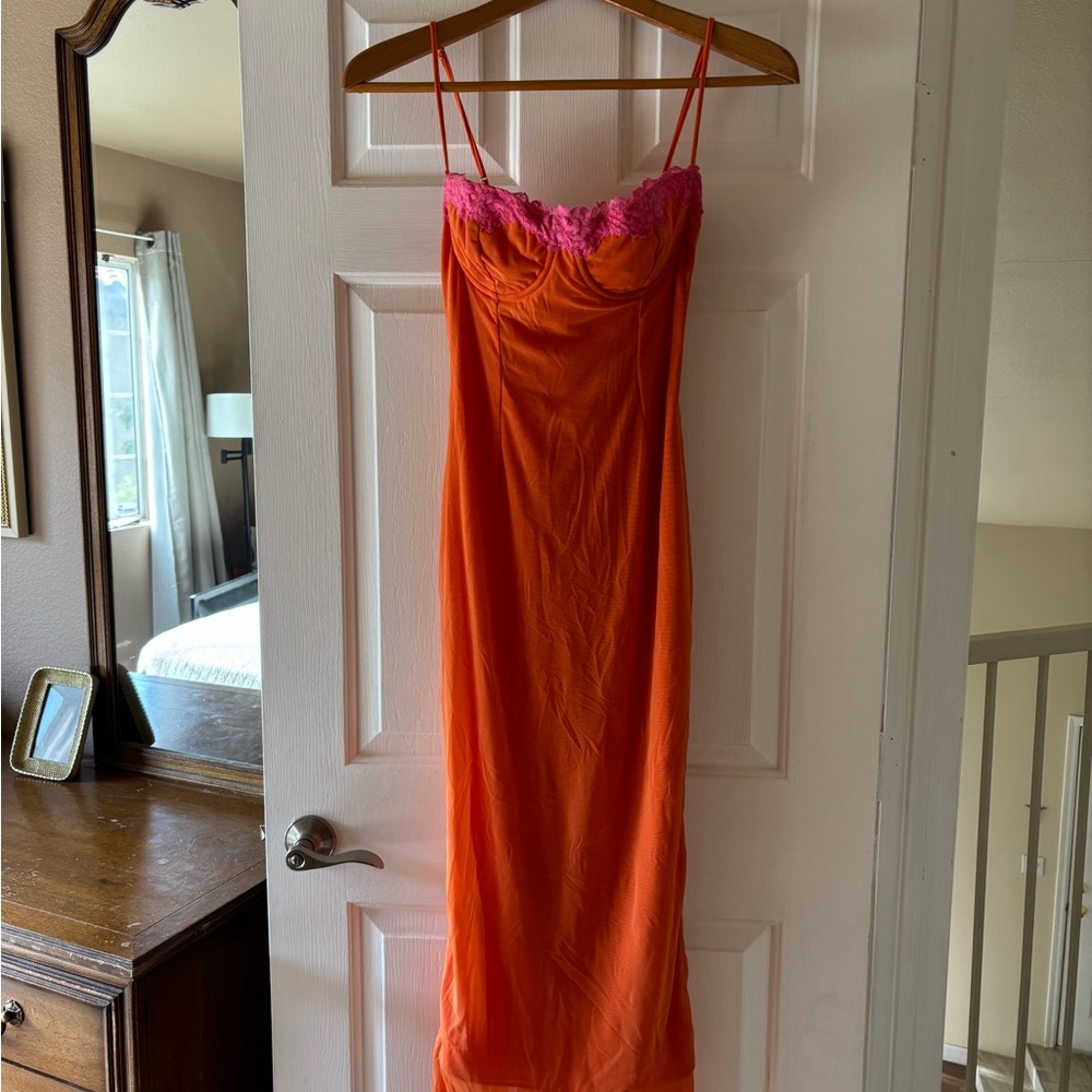 House of CB Vibrant Orange Chemise with Pink Lace